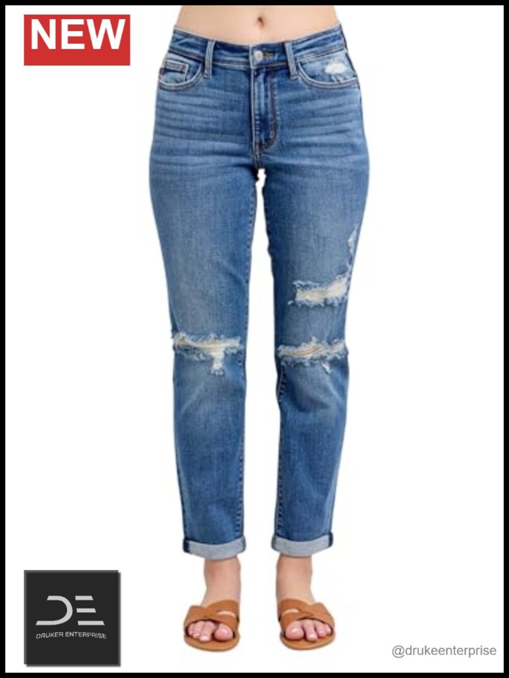 Women's Boyfriend Jeans Mid-Rise Cuffed Destroyed Denim